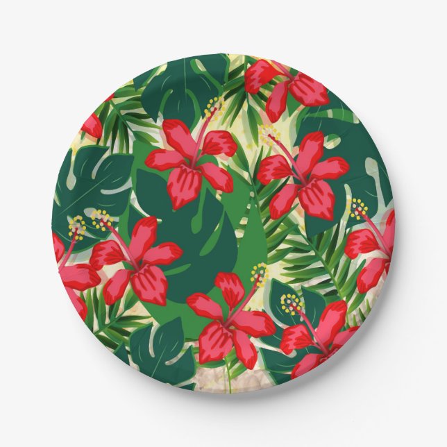 Tropical colourful jungle hibiscus red and green paper plate (Front)