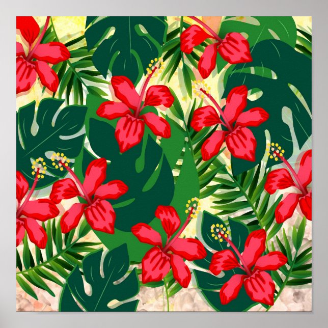 Tropical colourful jungle hibiscus red and green poster (Front)