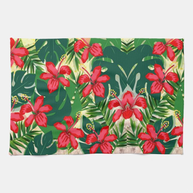 Tropical colourful jungle hibiscus red and green tea towel (Horizontal)