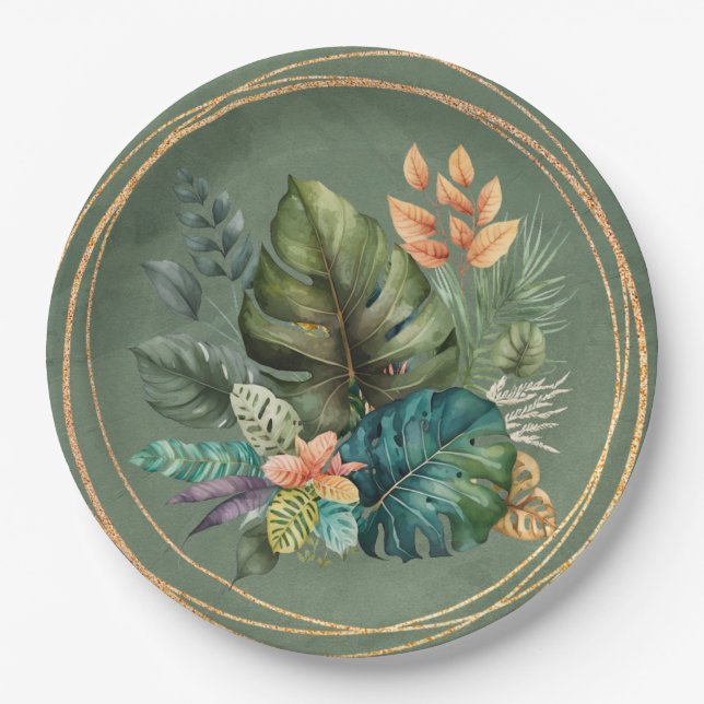 Tropical Colourful Palm Leaves Gold Wedding Paper Plate (Front)