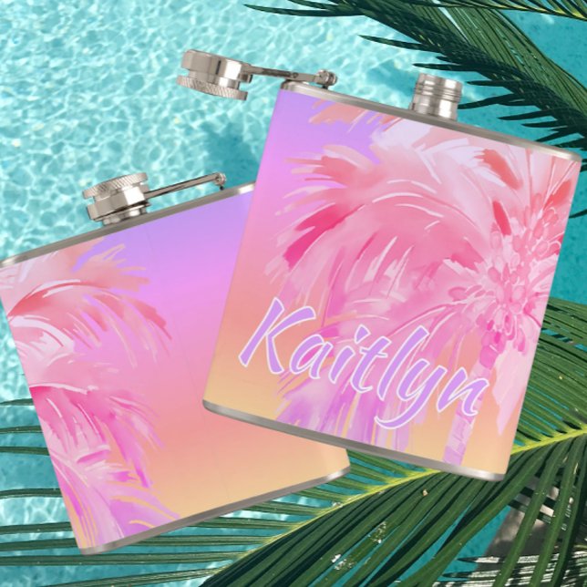 Tropical Colours Aloha Palm Tree Personalised Hip Flask (It’s always 5:00 somewhere!)