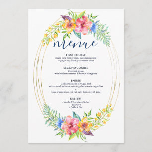 Tropical colours flowers bouquet gold frame menu