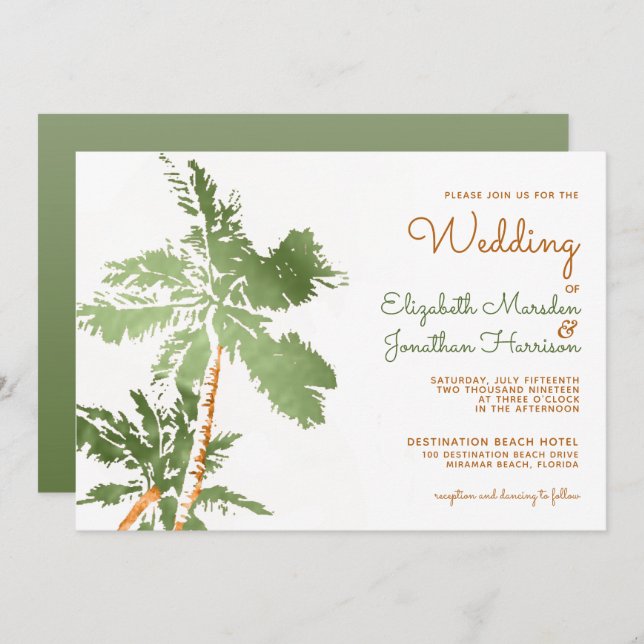 Tropical Copper Palm Trees Elegant Beach Wedding Invitation (Front/Back)
