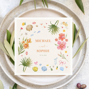 Tropical Coquette Seashells Bows Palm Tree Wedding Napkin