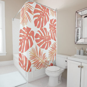Tropical coral and gold monstera and palm leaves shower curtain