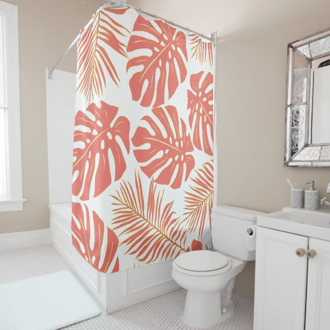 Tropical coral and gold monstera and  palm leaves shower curtain (In Situ)