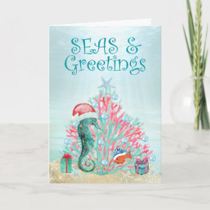 Tropical Coral Christmas Tree Seas and Greetings Holiday Card