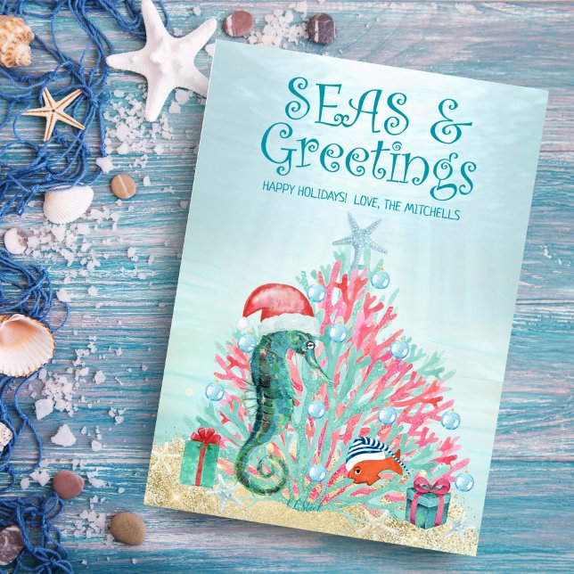 Tropical Coral Christmas Tree Seas and Greetings Holiday Card (Creator Uploaded)