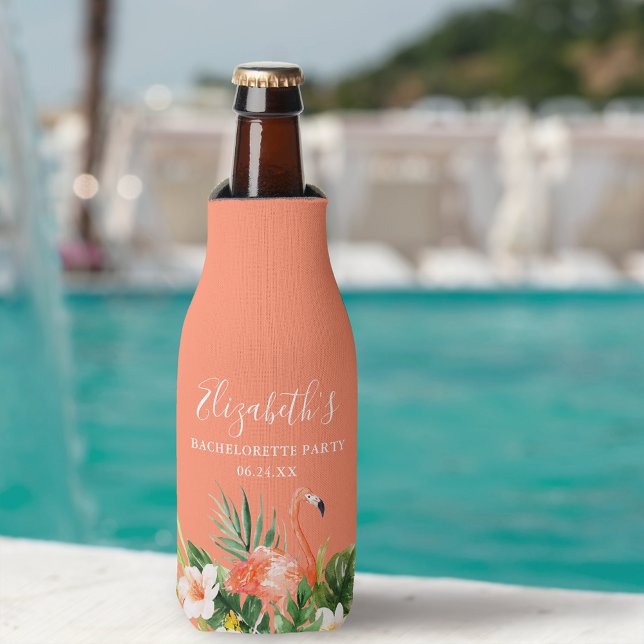Tropical Coral Floral Bachelorette Party Bottle Cooler (Customize to change text size or text style.)