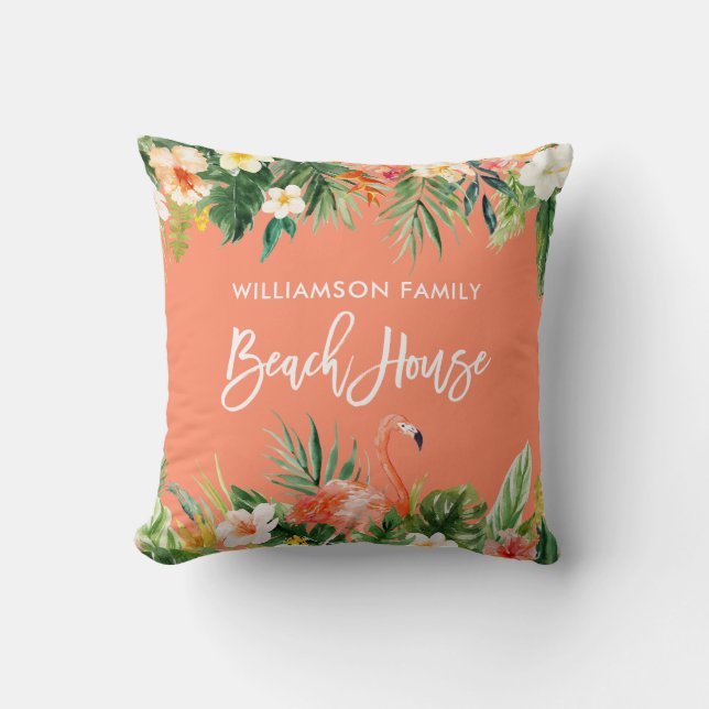 Tropical Coral Floral Brush Script Beach House Cushion (Front)