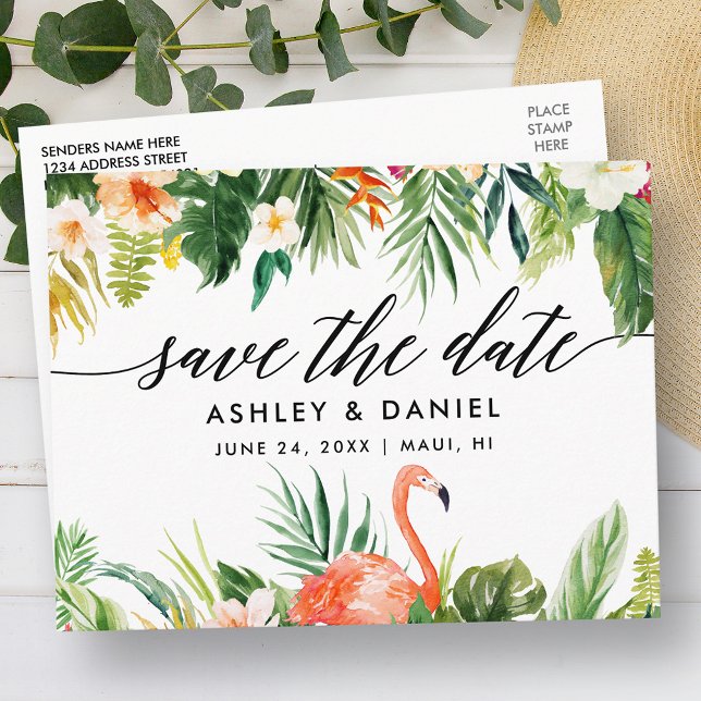 Tropical Coral Floral Calligraphy Save The Date Postcard (Customize to change your personalized text size or text style.)