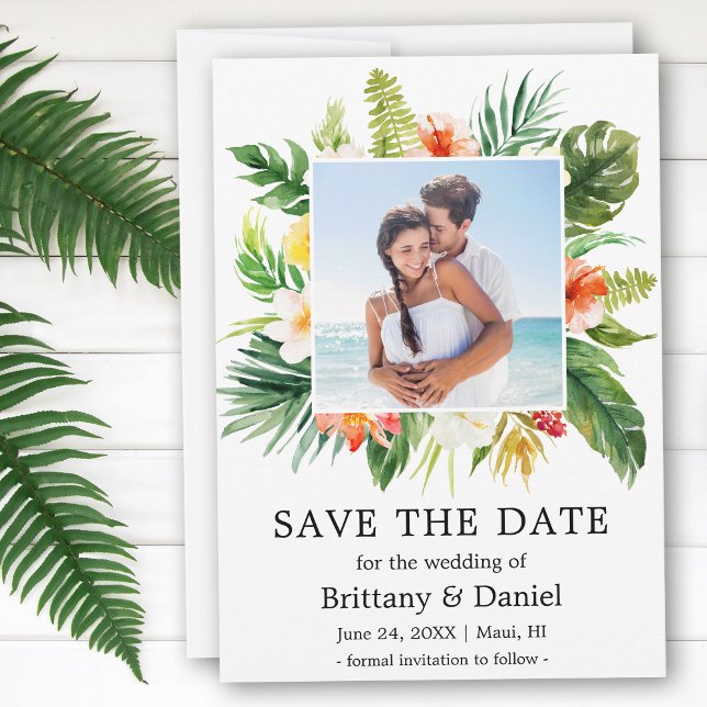 Tropical Coral Floral Save The Date Photo Card (Customize to change text size, style or to add more text to back of card.)