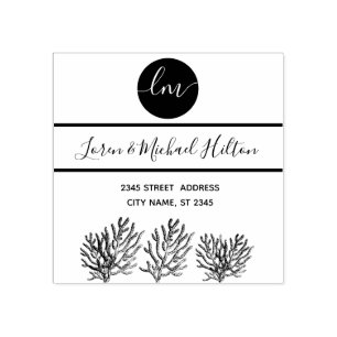Tropical coral monogram typography return address rubber stamp