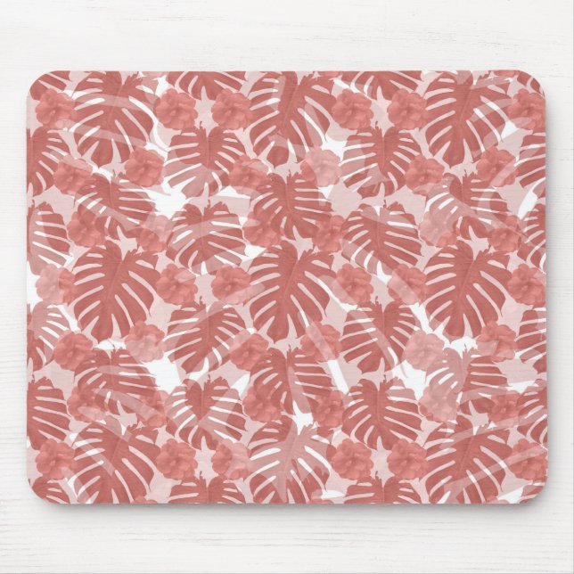 Tropical Coral Monstera Palm Leaves Pattern Mouse Pad (Front)