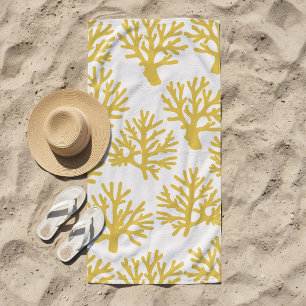 Tropical Coral Mustard Yellow White Beach Towel