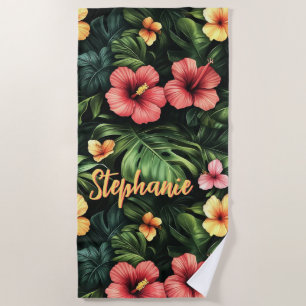 Tropical Coral Pink and Yellow Hibiscus Floral Beach Towel