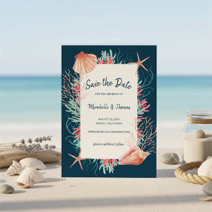 Tropical Coral Reef Navy Blue Beach Seashells Save The Date