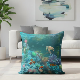 Tropical Coral Reef Sea Turtle Throw Pillow