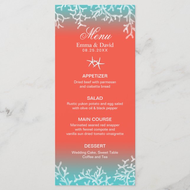 Tropical Coral Reef Starfish Beach Wedding Menu (Front)