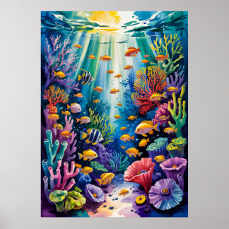 Tropical Coral Reef Watercolor Marine Life Art Poster