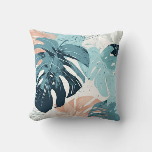 Tropical Coral Teal Pink Leaf Leaves Modern Cushion