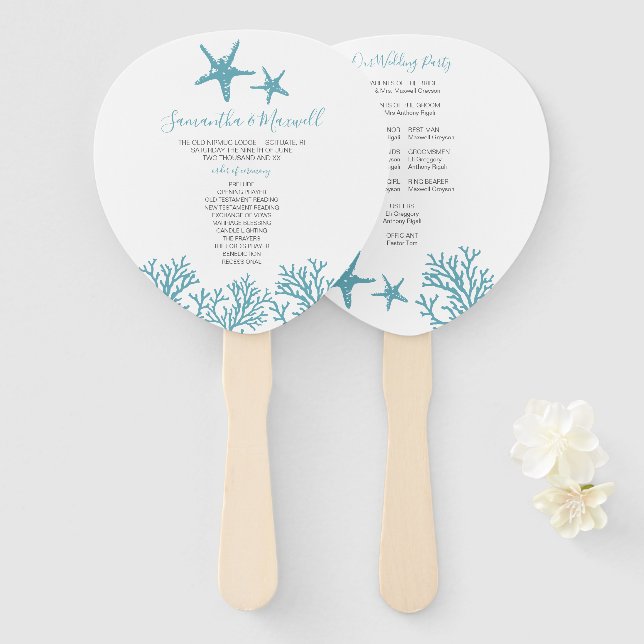 Tropical Coral Wedding Program Fan (Front and Back)