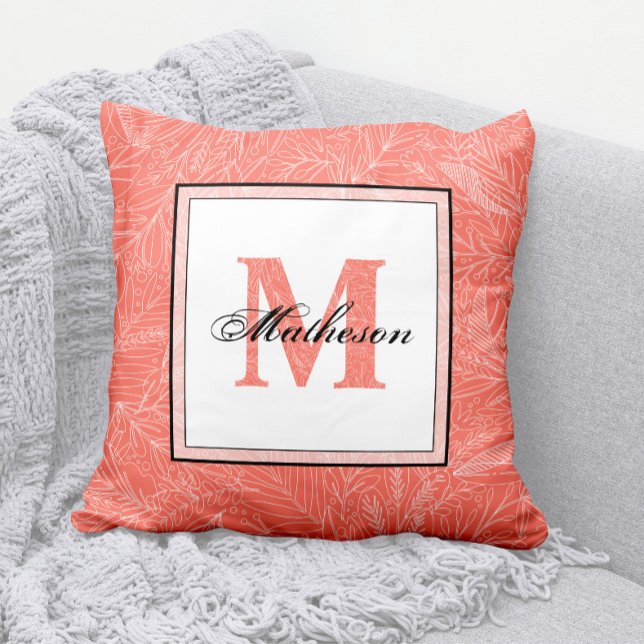 Tropical Coral & White Leaves Patterned Monogram Cushion (Coral and White Monogram Pillow (with Leaves Pattern Monogram) and Any Name)