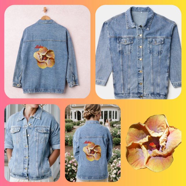 Tropical Coral Yellow Hibiscus Hawaiian Aloha Denim Jacket (Creator Uploaded)