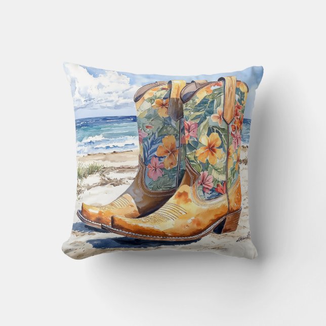 Tropical Cowgirl Boots Western Meets Coastal Cushion (Front)