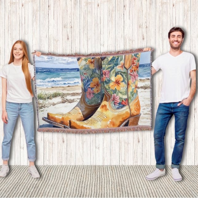 Tropical Cowgirl Western Meets Tropical Beach Throw Blanket (Western Fringe Throw Blanket with Tropical Hawaiian Floral Cowgirl Boots Rustic Meets Beach )