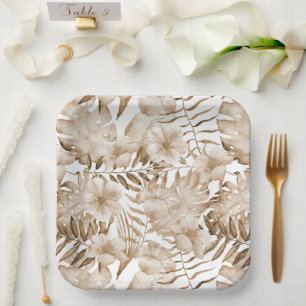 Tropical Cream Floral Leaves Bridal Shower Paper Plate