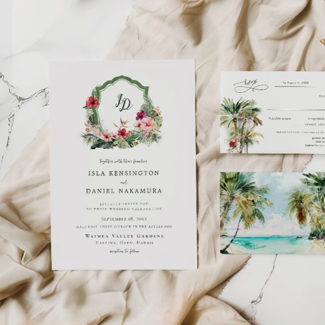 Tropical Crest Hibiscus Hawaii Destination Wedding Invitation (Creator Uploaded)