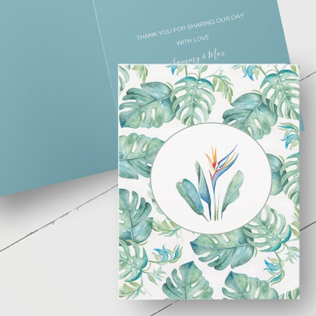 Tropical Custom Wedding Thank You Cards (Tropical wedding thank you cards watercolor botanical art by Victoria Grigaliunas Do Tell A Belle)