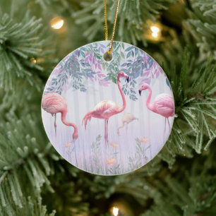 Tropical Cute Family Pink Flamingos Ceramic Ornament