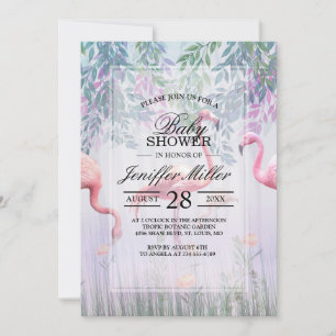 Tropical Cute Family Pink Flamingos  Watercolor.   Invitation
