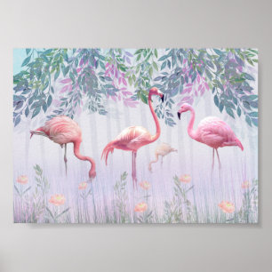 Tropical Cute Family Pink Flamingos  Watercolor.   Poster