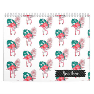 Tropical Cute funny flamingo watercolor pattern Ca Calendar