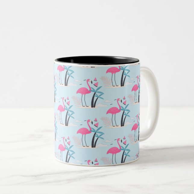 Tropical Cute funny flamingo watercolor pattern Two-Tone Coffee Mug (Front Right)