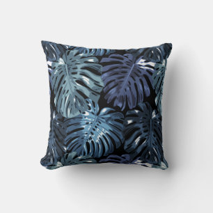 Tropical Dark Blue Black Monstera Jungle Leaves Cushion