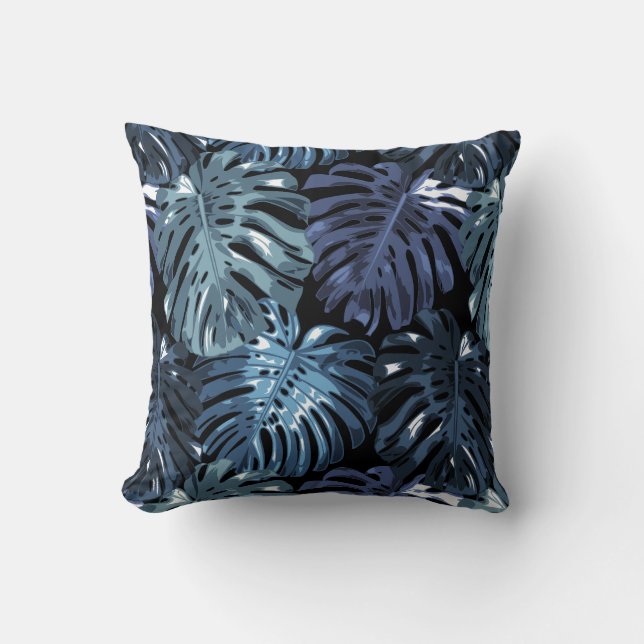 Tropical Dark Blue Black Monstera Jungle Leaves Cushion (Front)