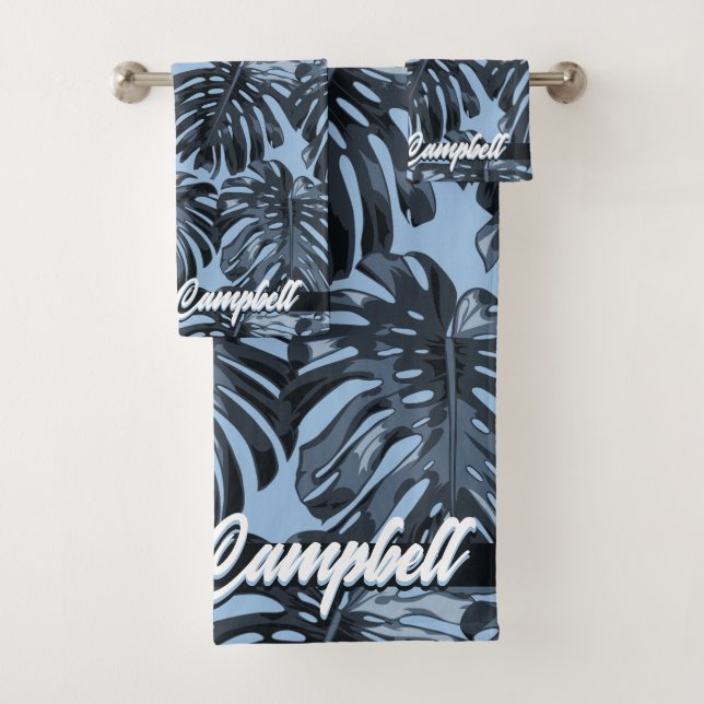 Tropical Dark Blue Black Monstera Leaves Name Bath Towel Set (Insitu)