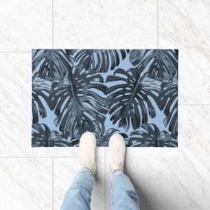 Tropical Dark Blue Monstera Jungle Leaves Doormat