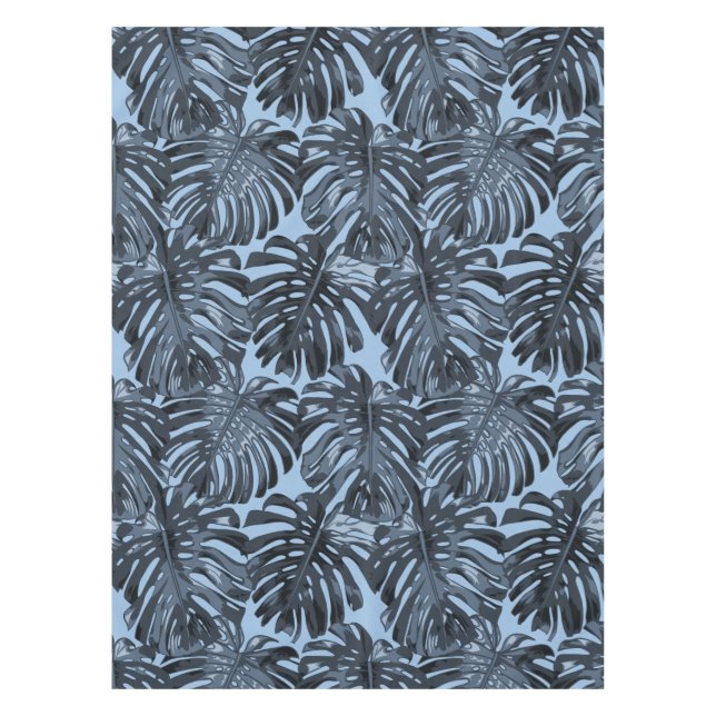 Tropical Dark Blue Monstera Jungle Leaves Tablecloth (Front)