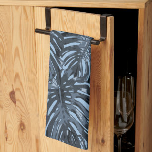 Tropical Dark Blue Monstera Jungle Leaves Tea Towel