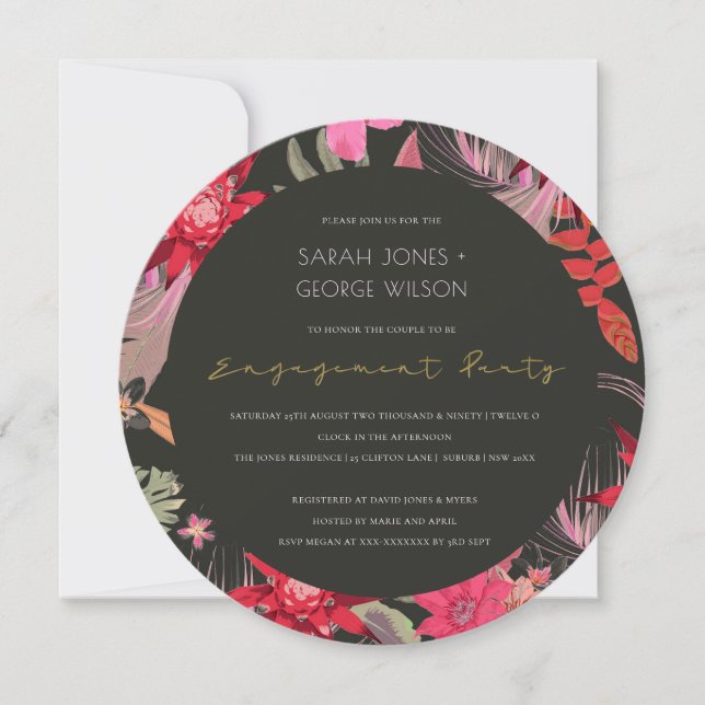 Tropical Dark Boho Red Floral Engagement Invite (Front)