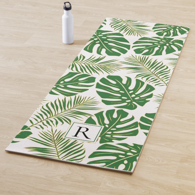 Tropical dark green, gold leaves and monogram yoga mat (In Situ)