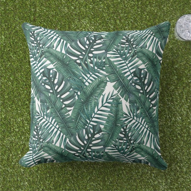 Tropical Dark Green Palm Leaf Pattern Cushion (Grass)
