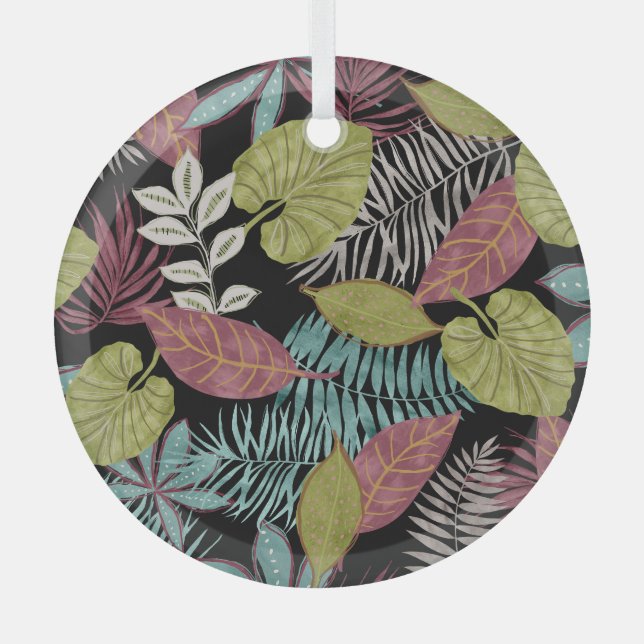 Tropical Dark Leaves: Textile Pattern Design Glass Tree Decoration (Front)