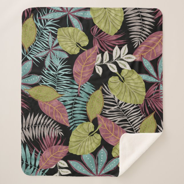 Tropical Dark Leaves: Textile Pattern Design Sherpa Blanket (Front)