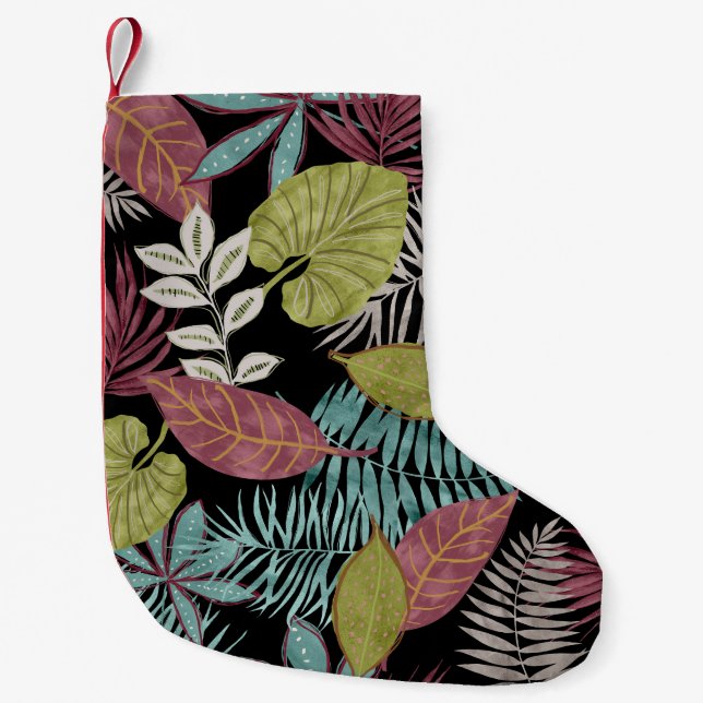 Tropical Dark Leaves: Textile Pattern Design Small Christmas Stocking (Front)